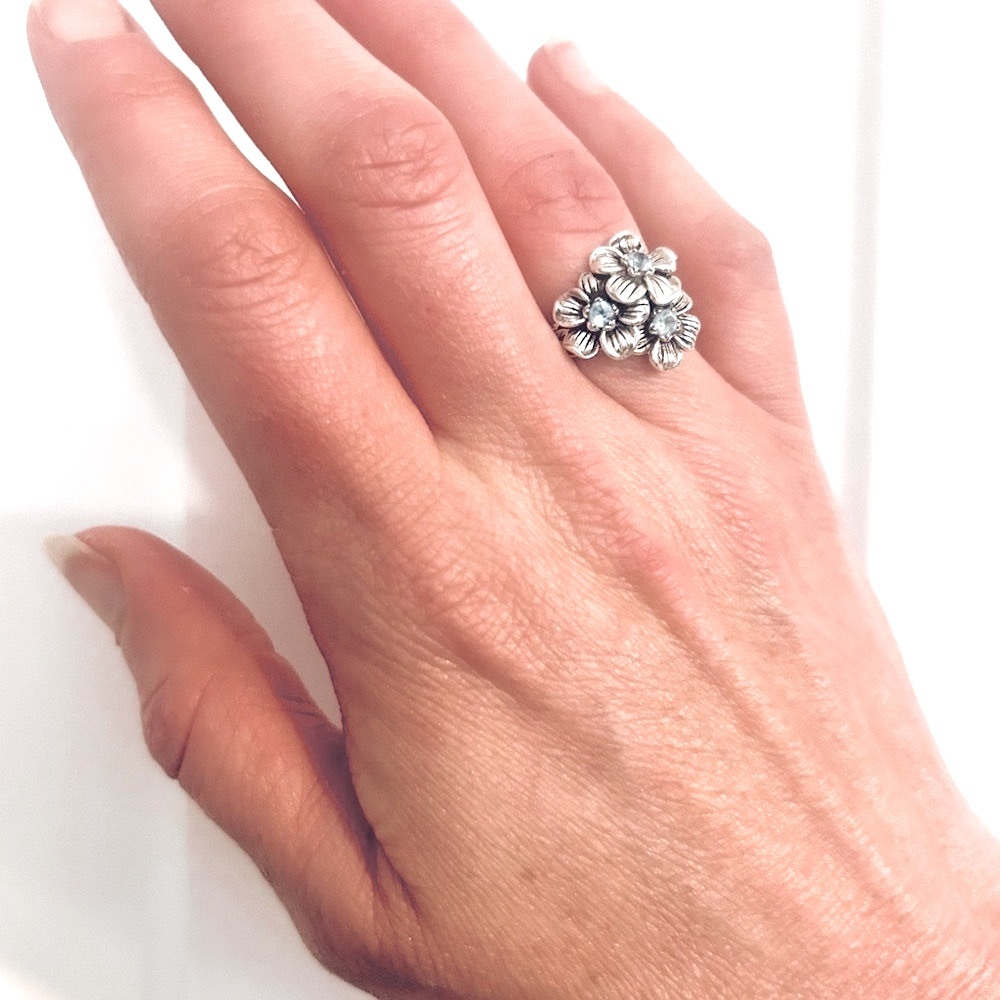 Soft Flower Power ~ Intricate SS & Blue Topaz Floral Ring